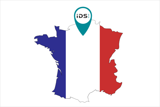 Map of France in the national colors with the IDS office in Paris marked