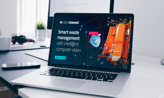 The announcement for the Vision Channel video on the AI application solution for waste management can be seen on the screen of a laptop.