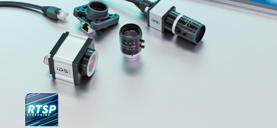 uEye cameras with lenses, tablet with image processing, RTSP icon visible