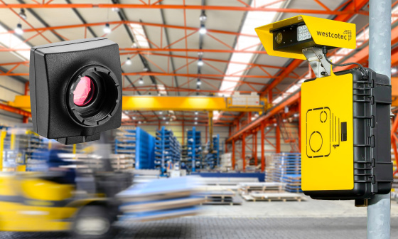 Warehouse with a fast-moving forklift truck; in the foreground, the ASWC system and an uEye LE camera