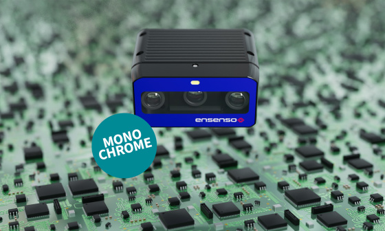 Ensenso B 3D camera with circuit board in the background and labelled ‘Monochrom’