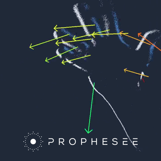 Point cloud with colored arrows and “PROPHESEE” logo on dark background