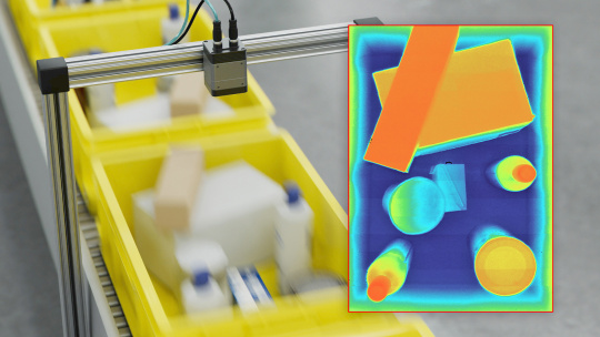 Industrial container with a colored 3D analysis inset