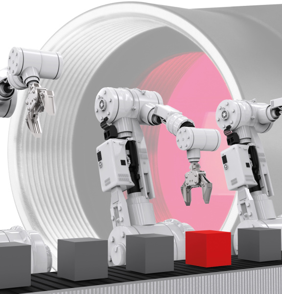 Illustration of robots standing in front of a camera and grabbing cubes from a conveyor belt.