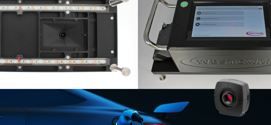Collage with test device, WESTCAM device, e-car, and industrial camera