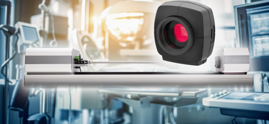 uEye camera on the right, an endoscope at mid-height
