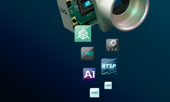 IDS uEye event-based camera with multiple icons for TOF, EVS, REC, RTSP, AI, MPEG, H264.
