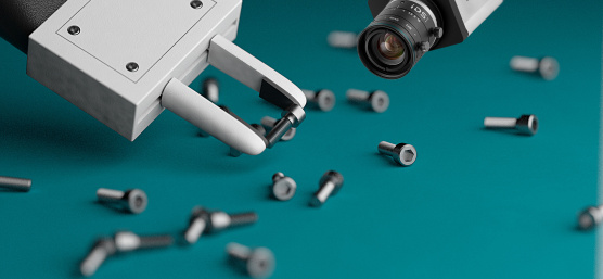 Close-up of a robot arm gripping a screw and an IDS camera filming it.