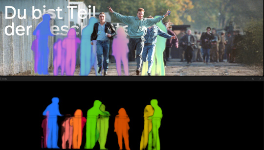 A two-part image featuring colored silhouettes of people superimposed onto a historical photograph