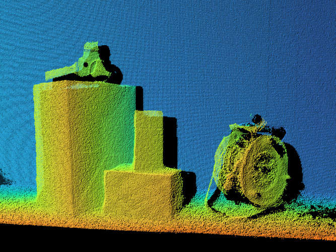 Colorful 3D point cloud of objects at various heights