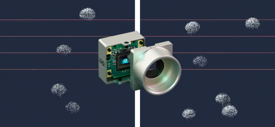 uEye EVS camera in front of image comparison with moving balls, left in slow motion, right in real time with counter.