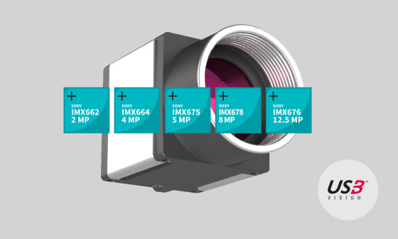 5 squares with IMX sensor labels in front of IDS camera with USB3 Vision Icon
