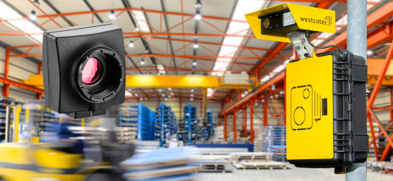 Warehouse with a fast-moving forklift truck; in the foreground, the ASWC system and an uEye LE camera