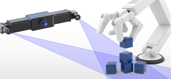 Illustration of a robotic arm stacking boxes and an Ensenso 3D camera.