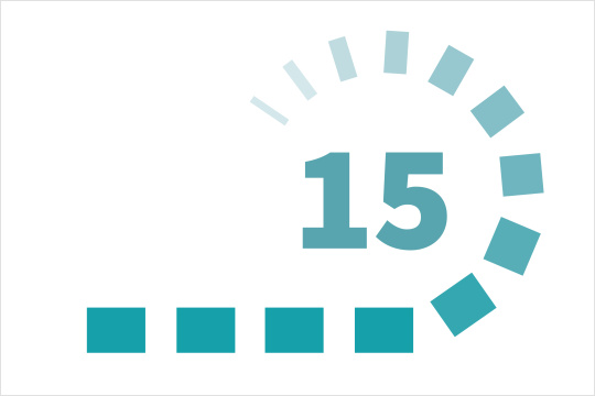 The number 15 for the company anniversary is encircled by turquoise rectangles that become smaller and paler