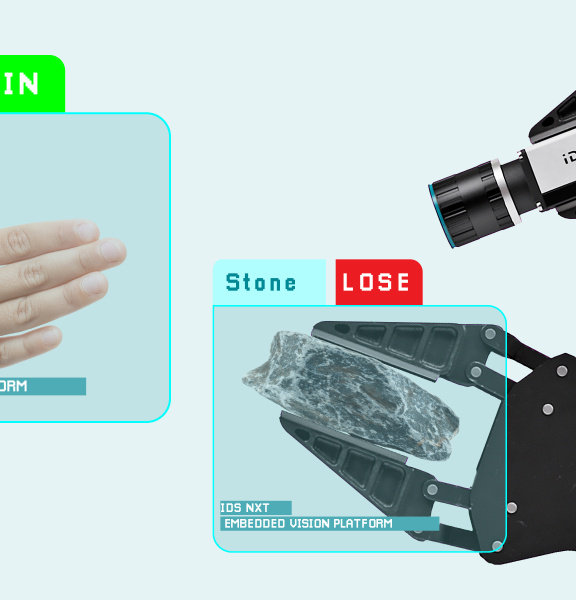 Human hand and robot arm show gestures, IDS NXT camera evaluates them.