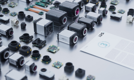 Arrangement of the entire IDS range of industrial cameras + warranty document