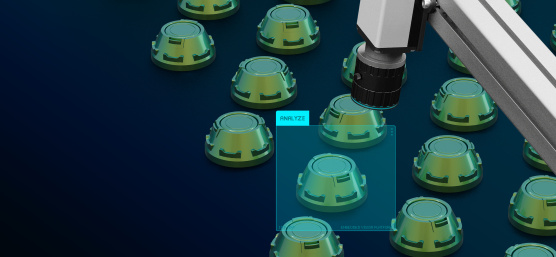 Quality inspection with artificial intelligence of parts on a conveyor belt.