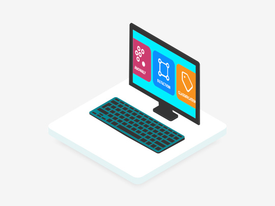 Isometric graphics: Monitor displays ‘Anomaly’, “Detection”, ‘Classification’.
