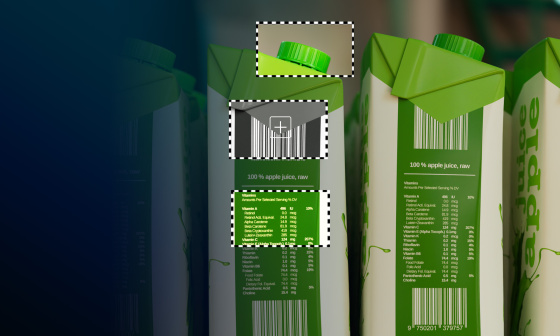 Apple juice cartons are lined up next to each other and analyzed simultaneously at different spots.
