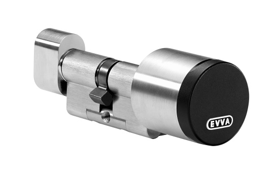 Obliquely represented metal locking cylinder with a fine surface and EVVA logo