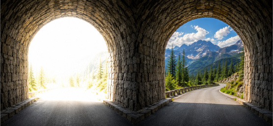 View from a tunnel with an overexposed background, compared with HDR