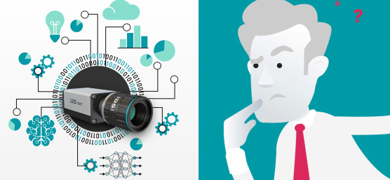 Combination of a realistic image of an IDS NXT industrial camera with graphic elements for data processing and a stylized, thoughtful drawing of a person