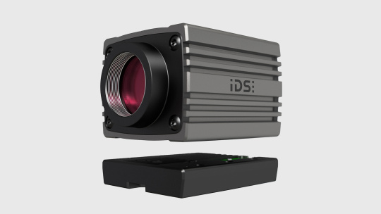 Extremely high-resolution IDS GigE industrial camera from the side.