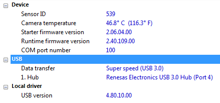 The IDS Camera Manager shows USB connection parameters for a camera.