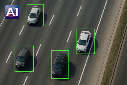 Cars on a road are detected by the camera and AI icon